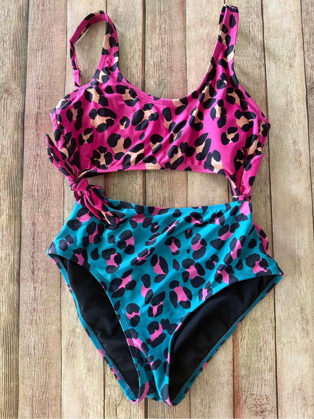 Decree Pink & Teal Leopard-Print Cutout One-Piece Swimsuit